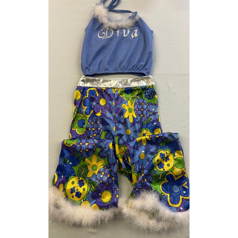 Vintage Jo-Ann Stores Diva Costume Kids Large Blue Halter Top Floral Bell Bottom